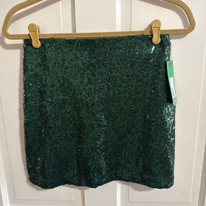 Green Sequin Mini Skirt; Fully Lined, Zip Back, Sizes Small & Medium